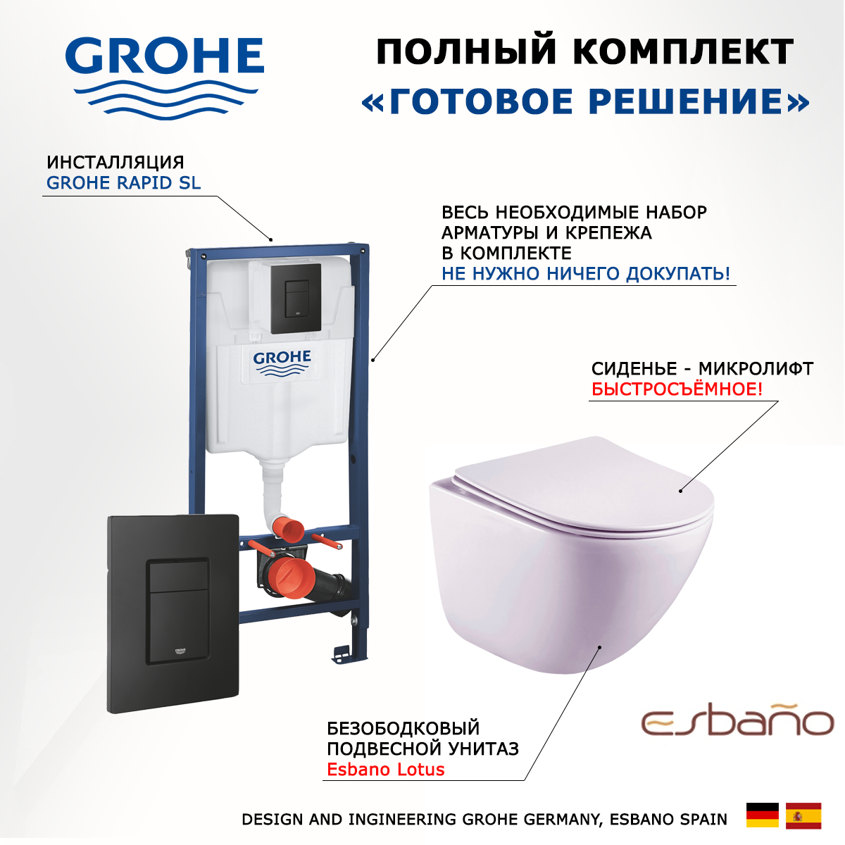 

Комплект инсталляция Grohe + Унитаз Esbano Lotus + черная кнопка