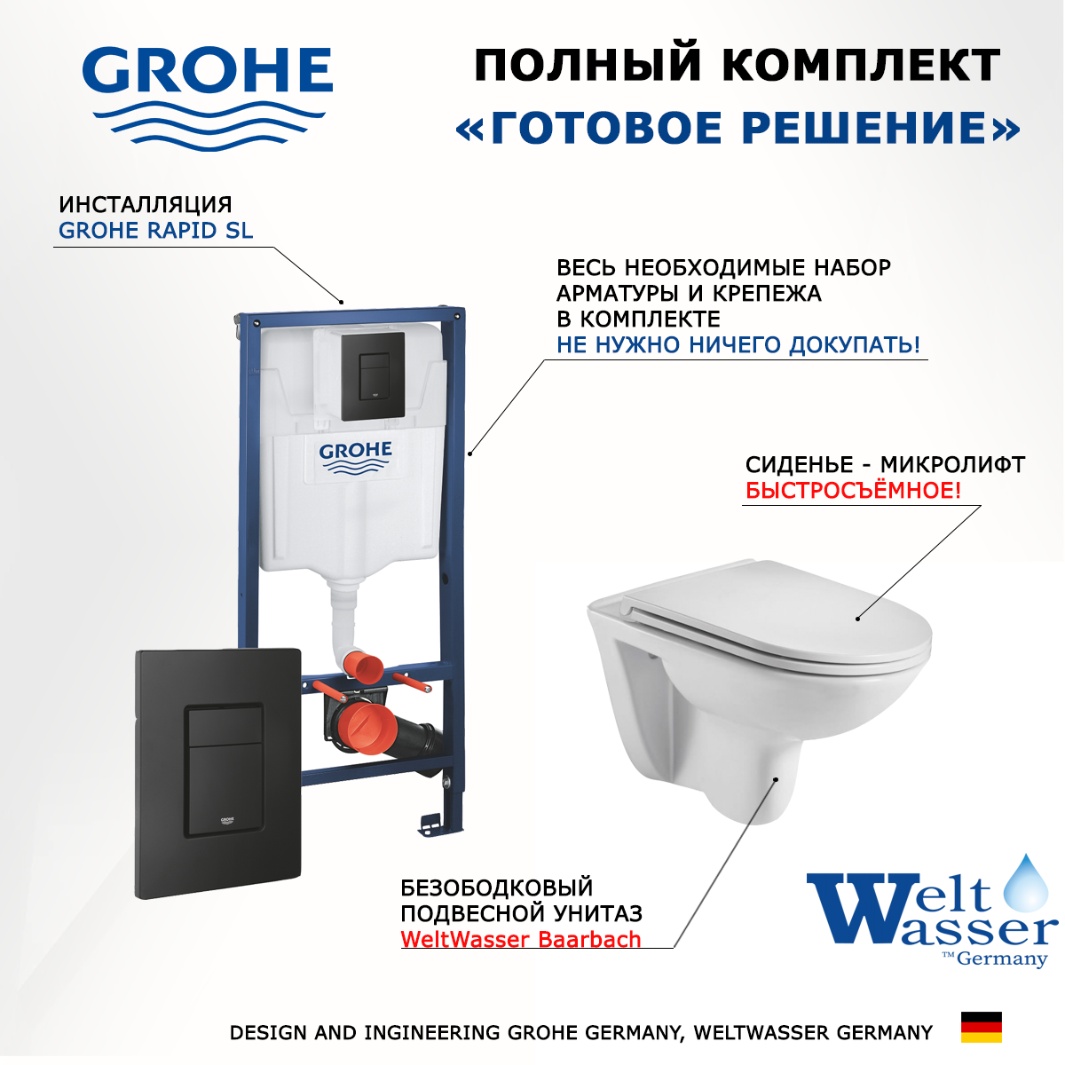 

Комплект инсталляция Grohe + унитаз WeltWasser Baarbach + черная кнопка