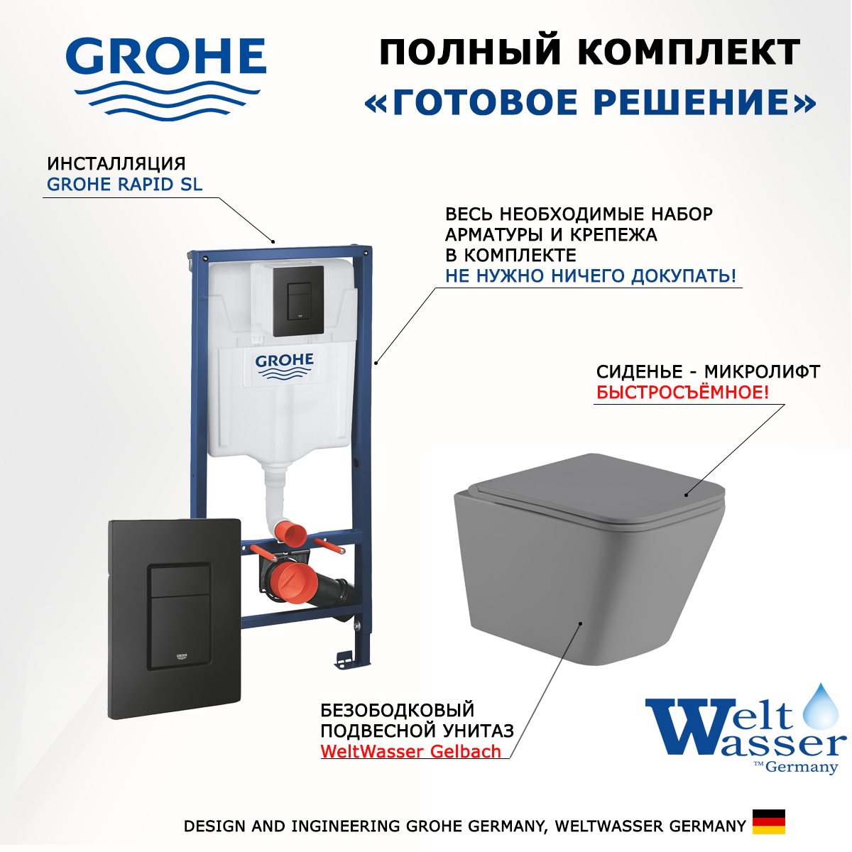 

Комплект инсталляция Grohe + Унитаз Weltwasser WW SK Gelbach GR + черная кнопка