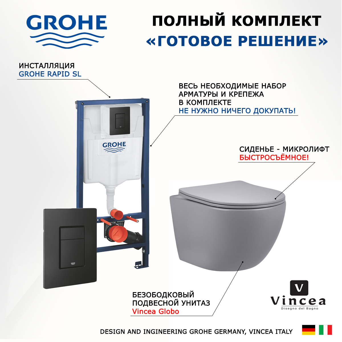 

Комплект инсталляция Grohe + Унитаз Vincea Globo + черная кнопка