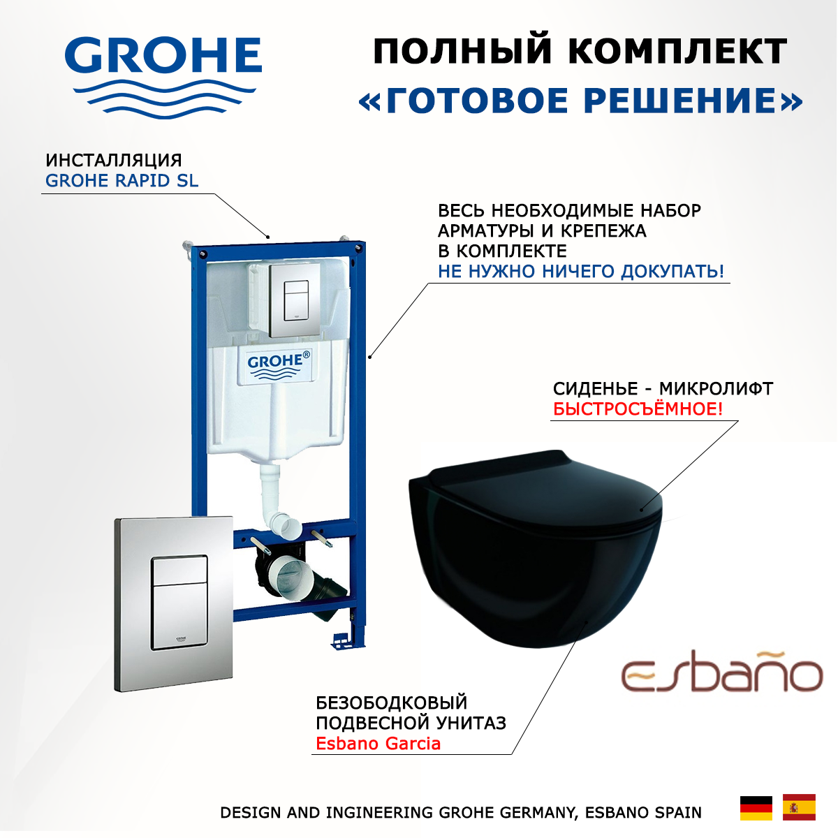 

Комплект инсталляция Grohe + Унитаз Esbano Garcia + кнопка хром