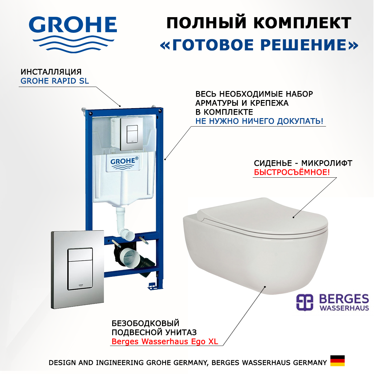

Комплект инсталляция Grohe + Унитаз Berges Wasserhaus Ego XL + кнопка хром