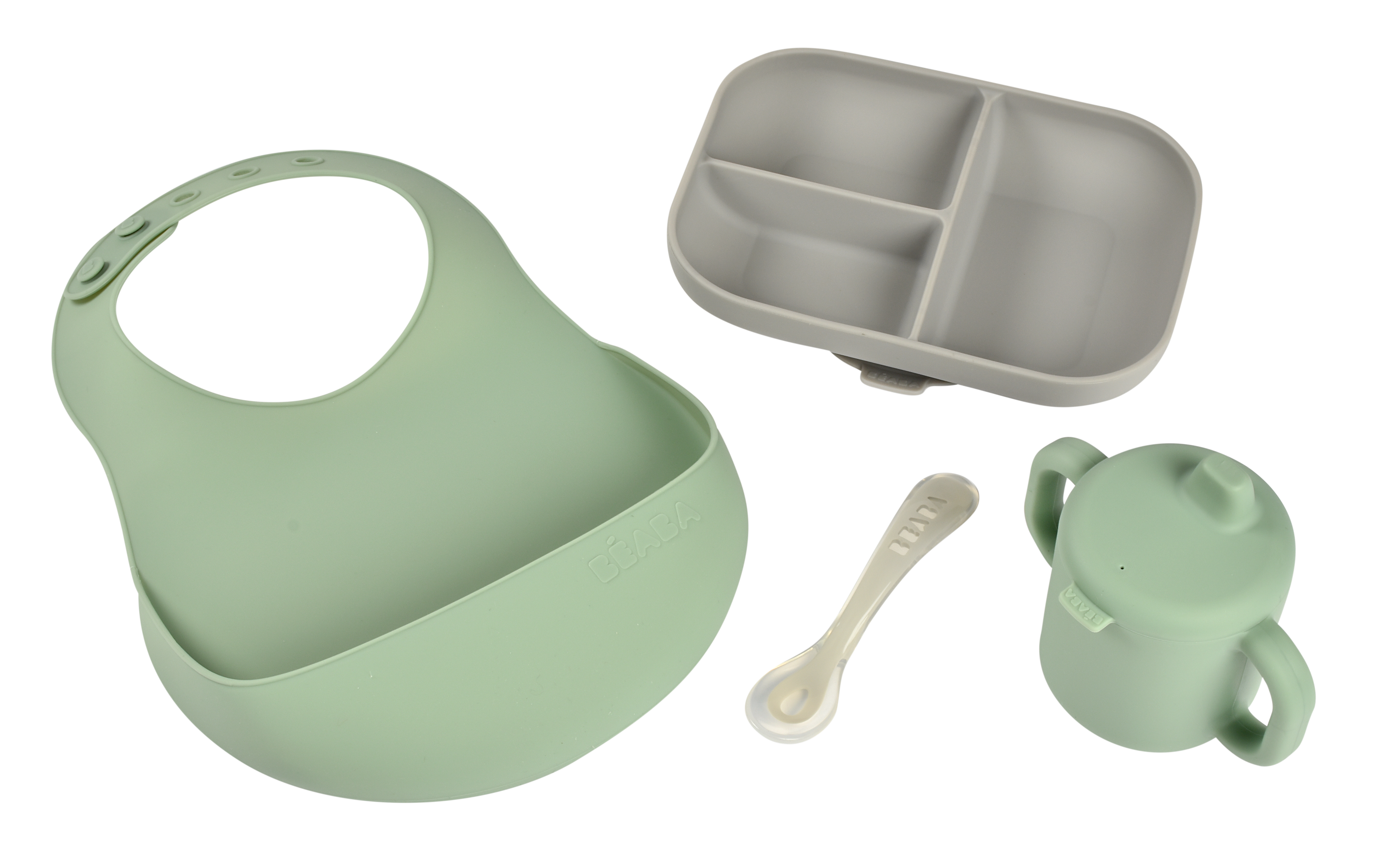 Набор детской посуды Beaba нагрудник, кружка с ручками, ложка для кормления, тарелка