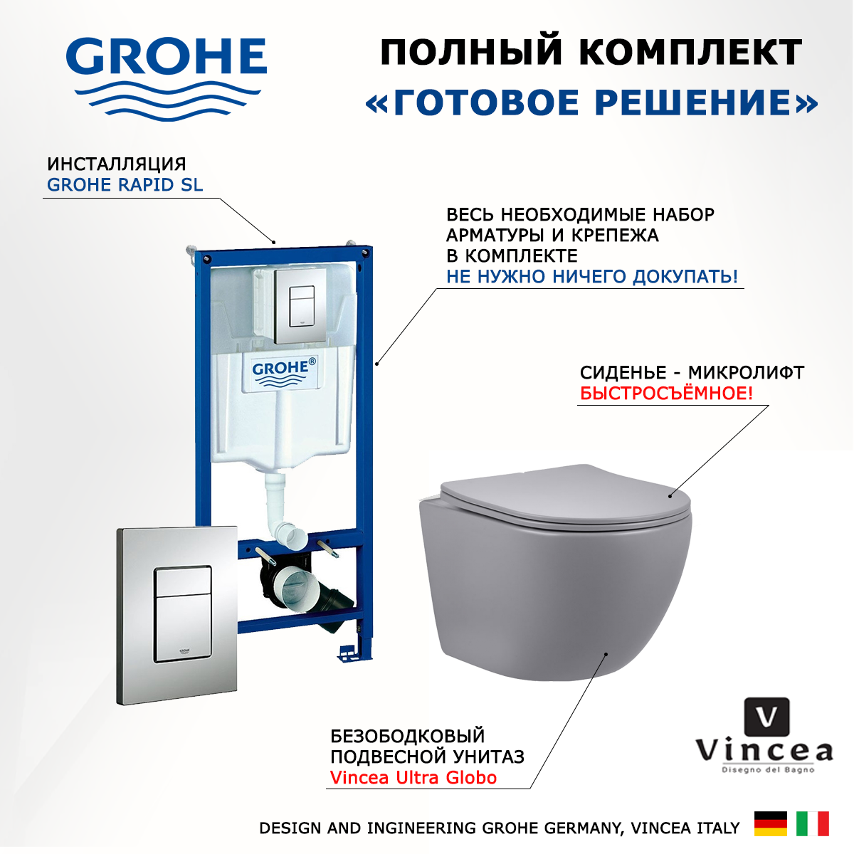 

Комплект инсталляция Grohe + Унитаз Vincea Globo + кнопка хром