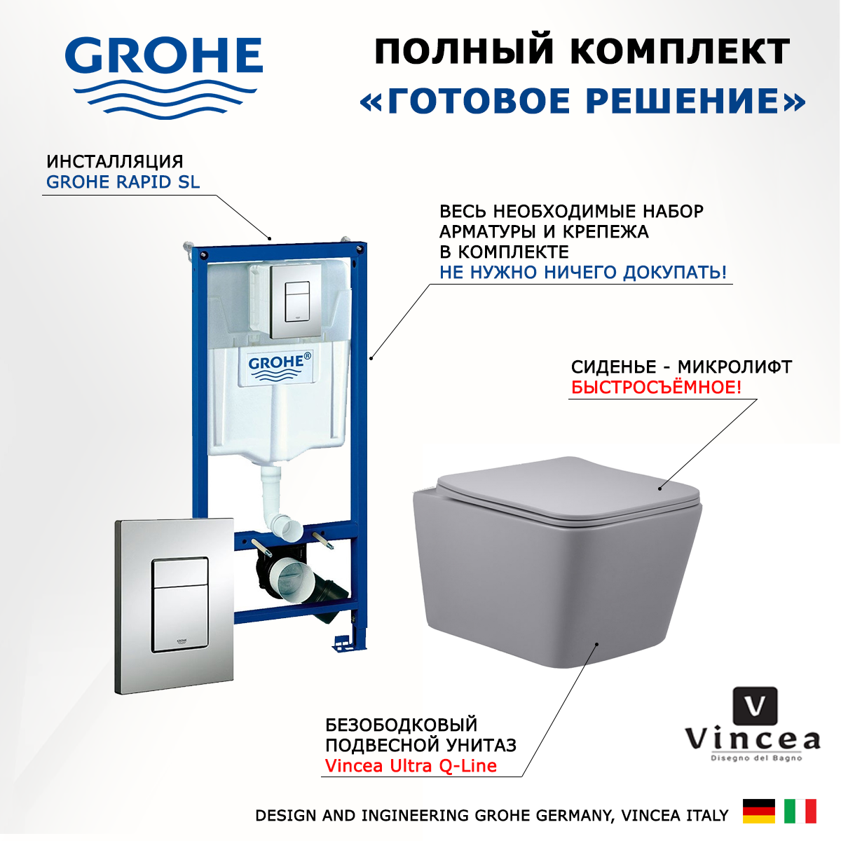 

Комплект инсталляция Grohe + Унитаз Vincea Q-Line + кнопка хром