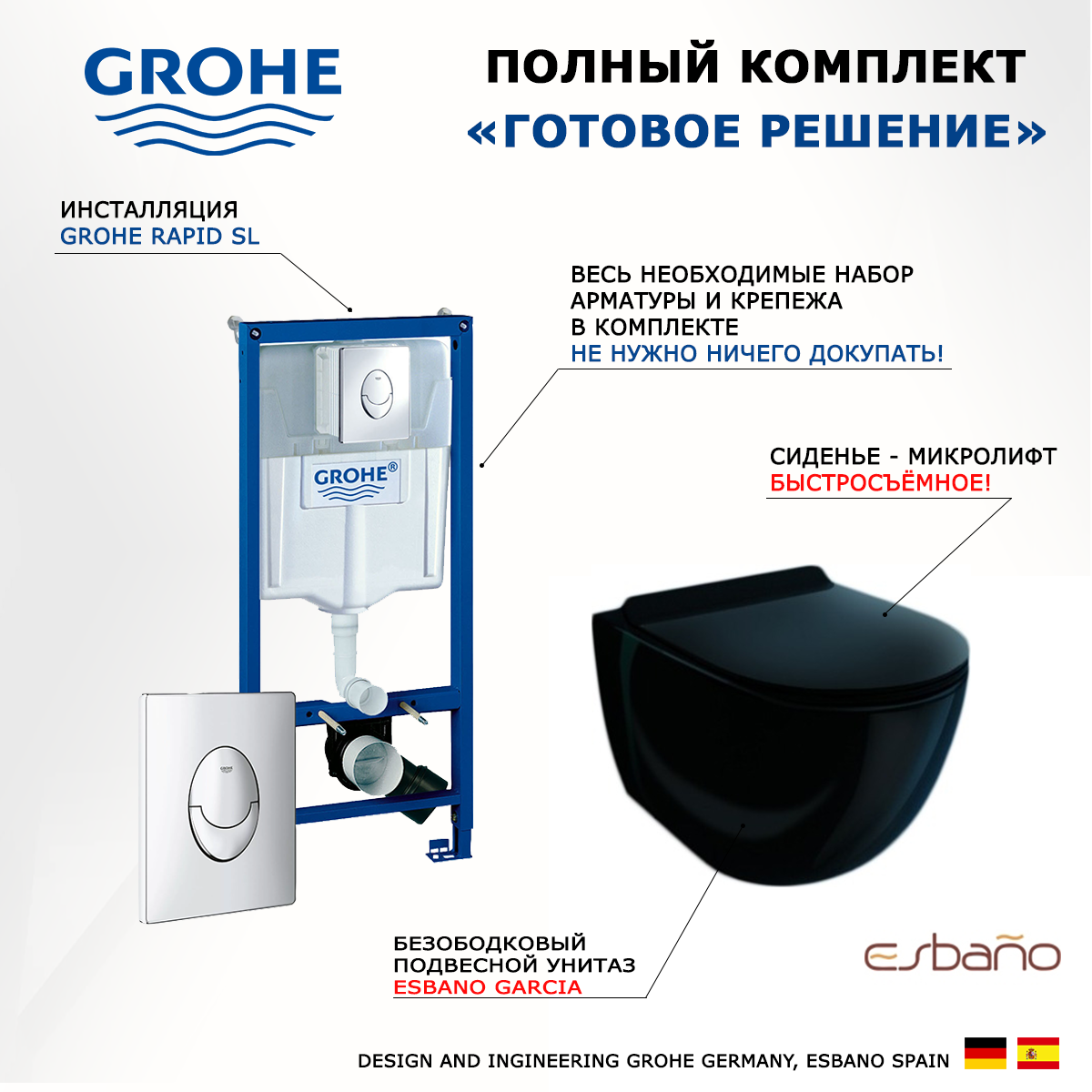 

Комплект инсталляция Grohe + Унитаз Esbano Garcia + кнопка хром