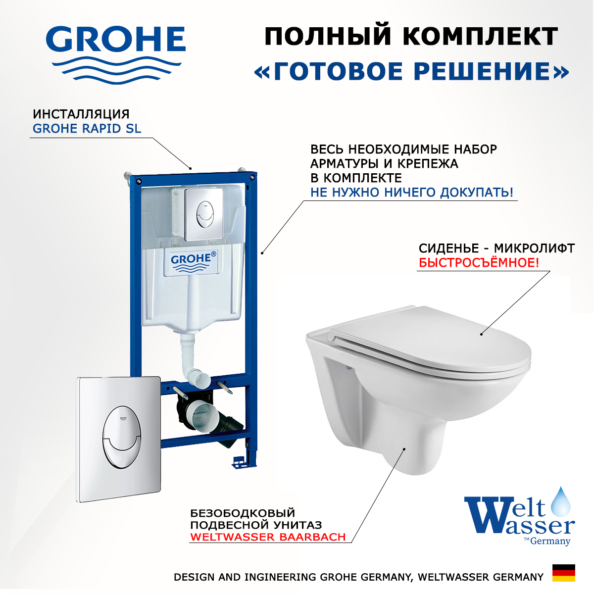 

Комплект инсталляция Grohe + унитаз WeltWasser Baarbach + кнопка хром