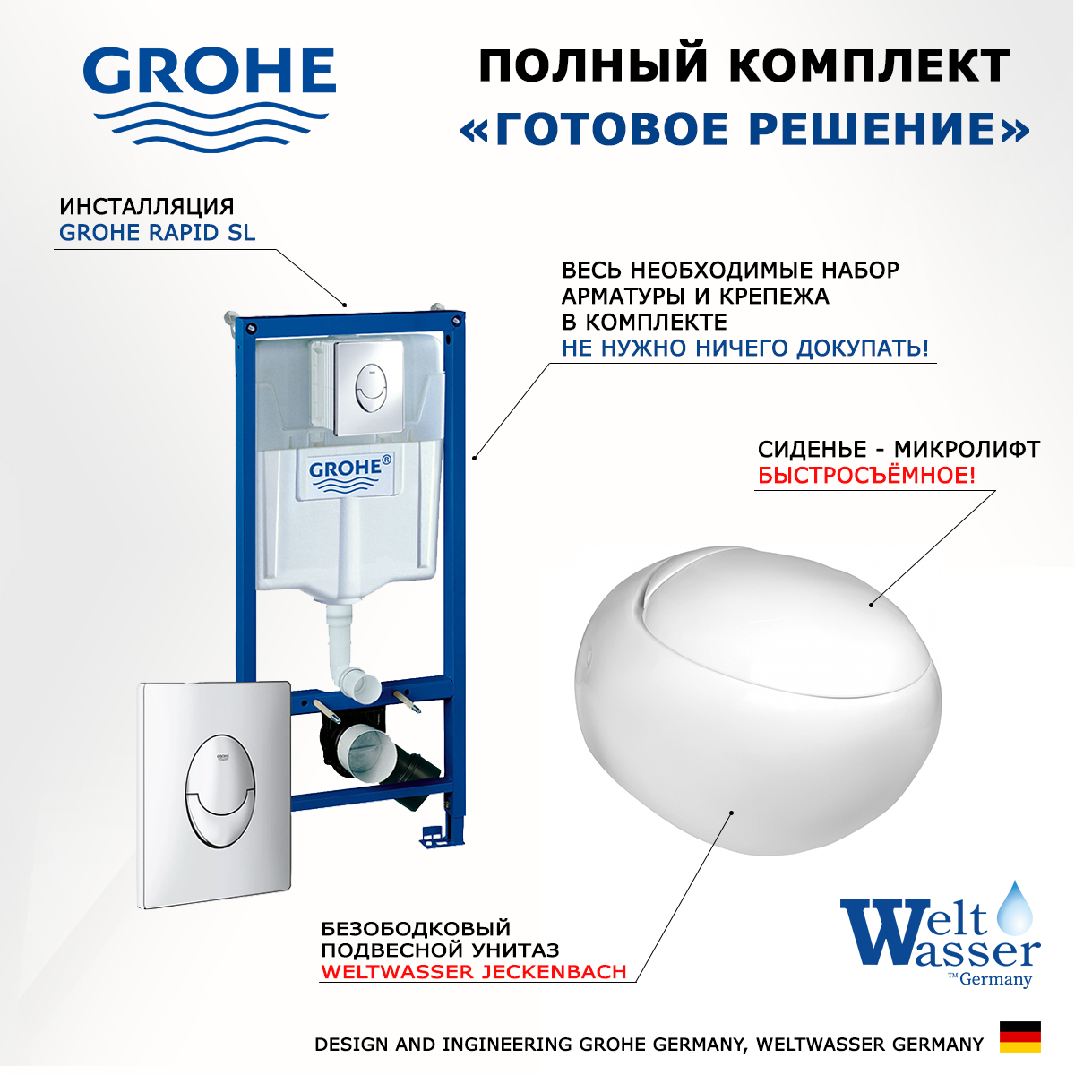 

Комплект инсталляция Grohe + унитаз WeltWasser Jeckenbach + кнопка хром