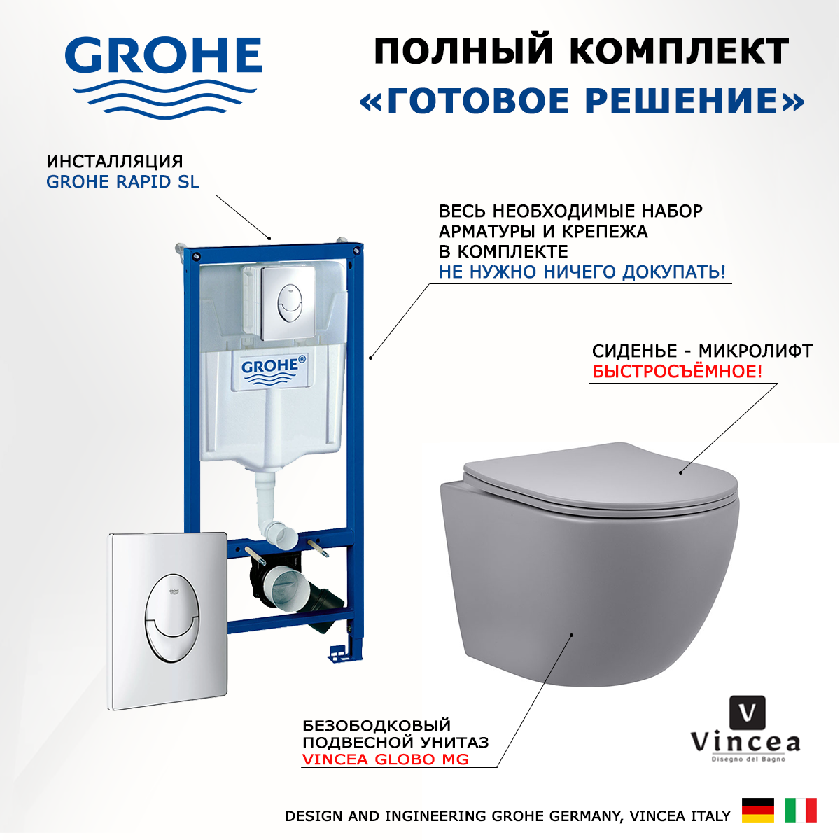 

Комплект инсталляция Grohe + Унитаз Vincea Globo + кнопка хром
