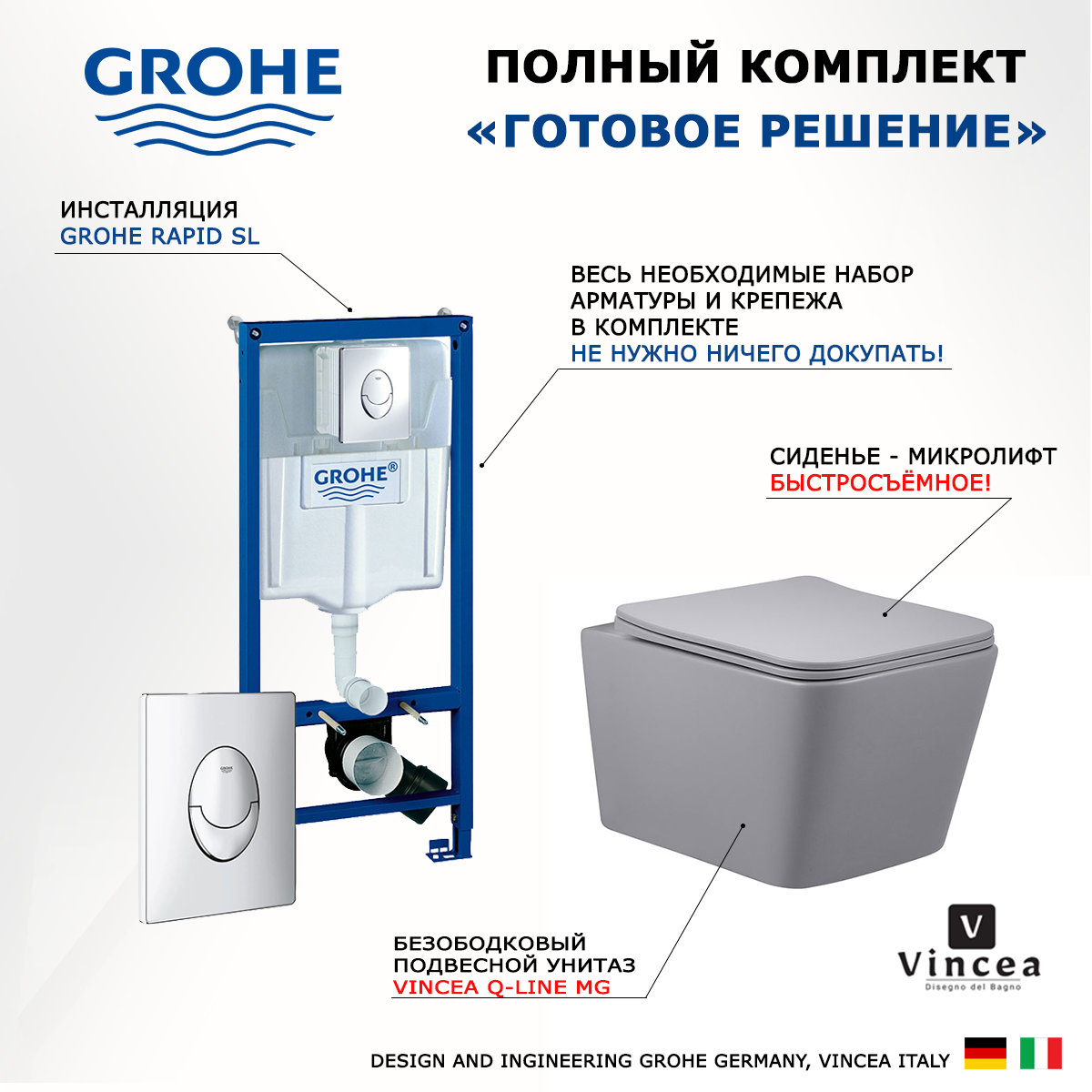 

Комплект инсталляция Grohe + Унитаз Vincea Q-Line + кнопка хром