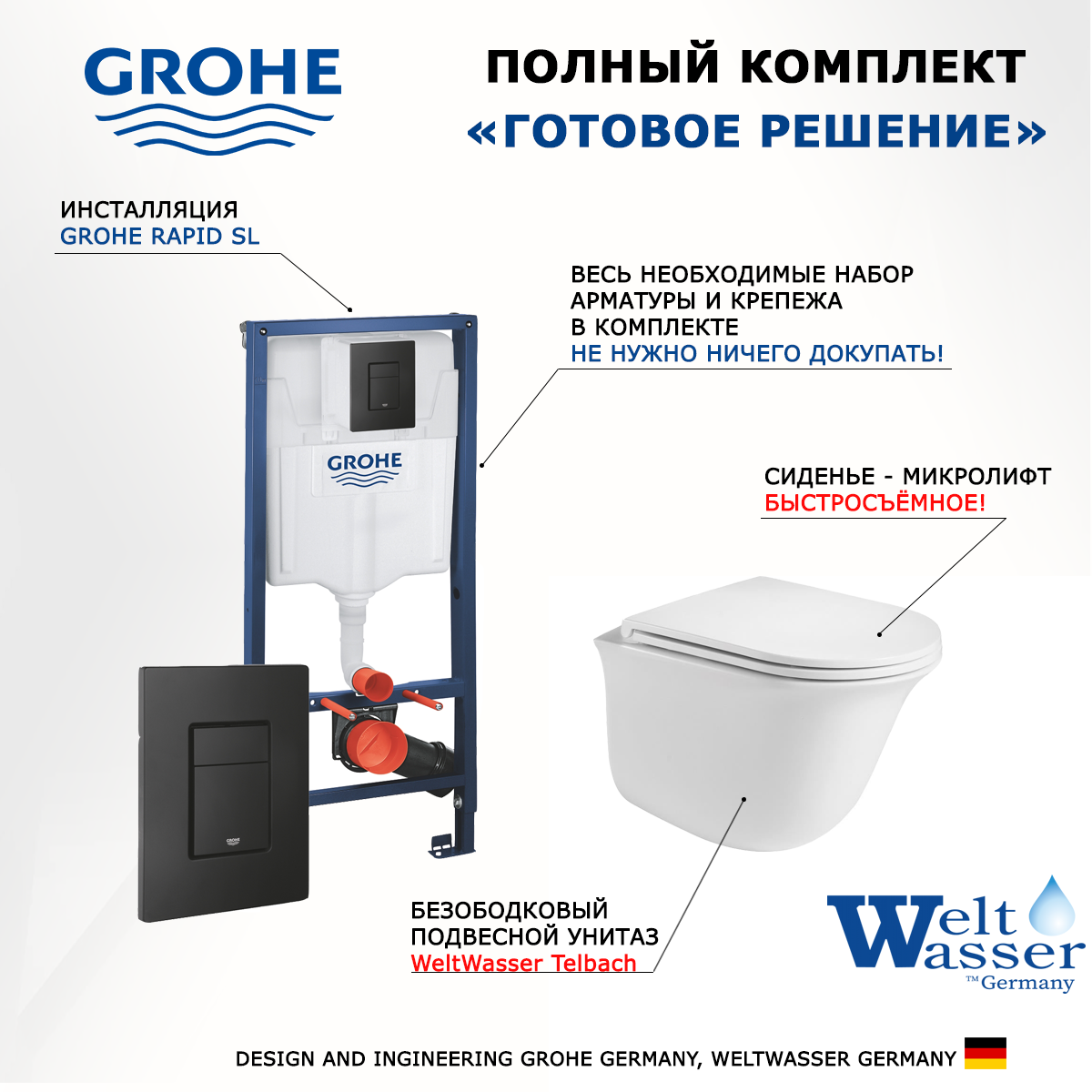 

Комплект инсталляция Grohe + унитаз WeltWasser Telbach + черная кнопка