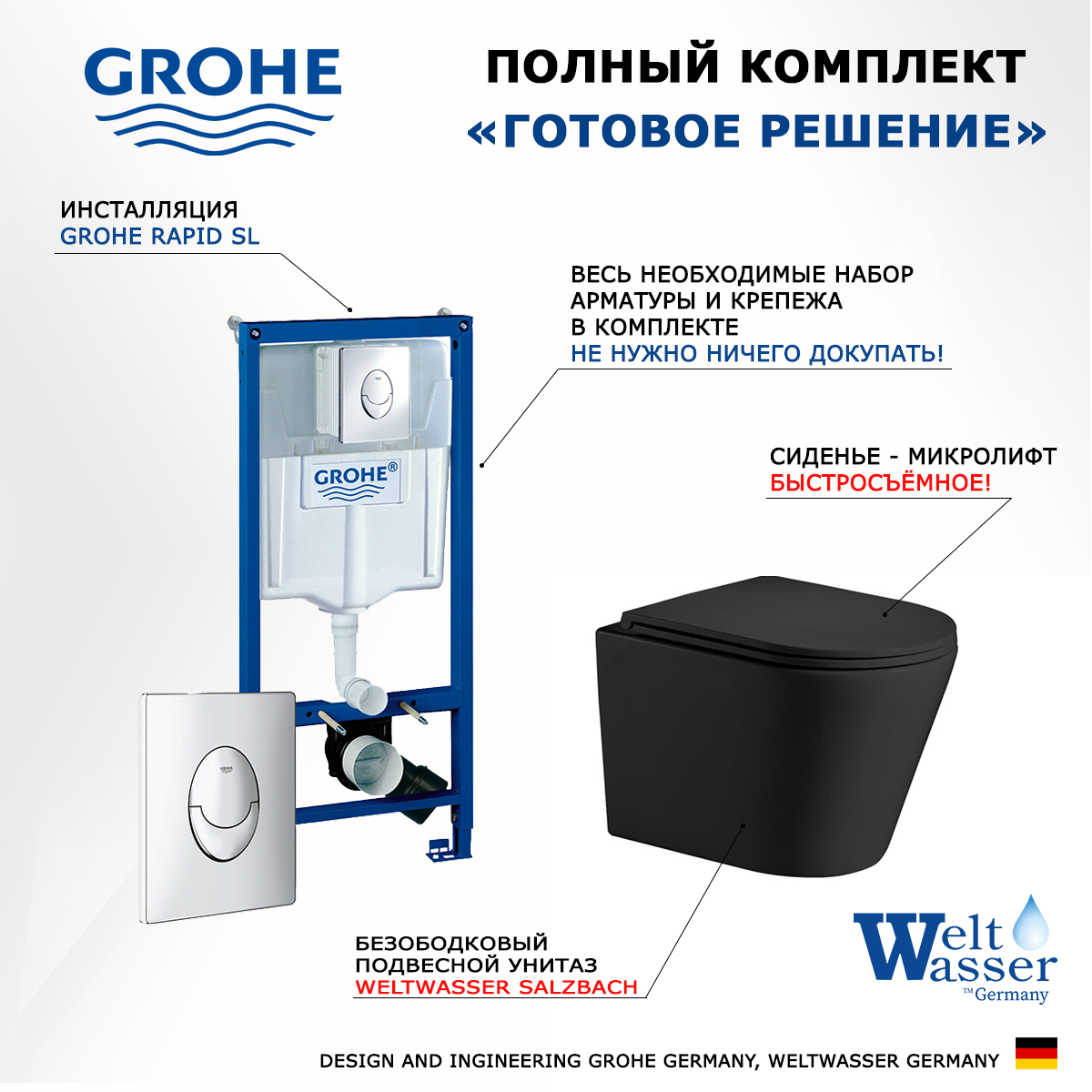 

Комплект инсталляция Grohe + Унитаз WeltWasser Salzbach BL + кнопка Skate Air