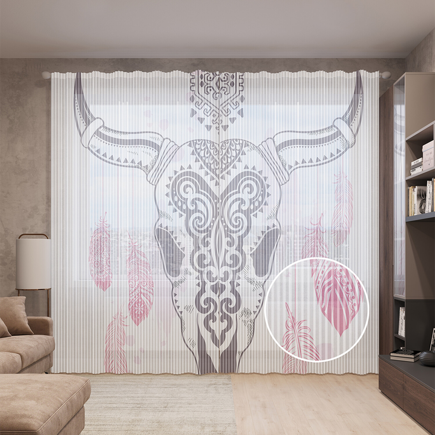 

Тюль вуаль на шторной ленте с принтом JoyArty "Рогатый череп с узором" 310х265 см, Рогатый череп с узором