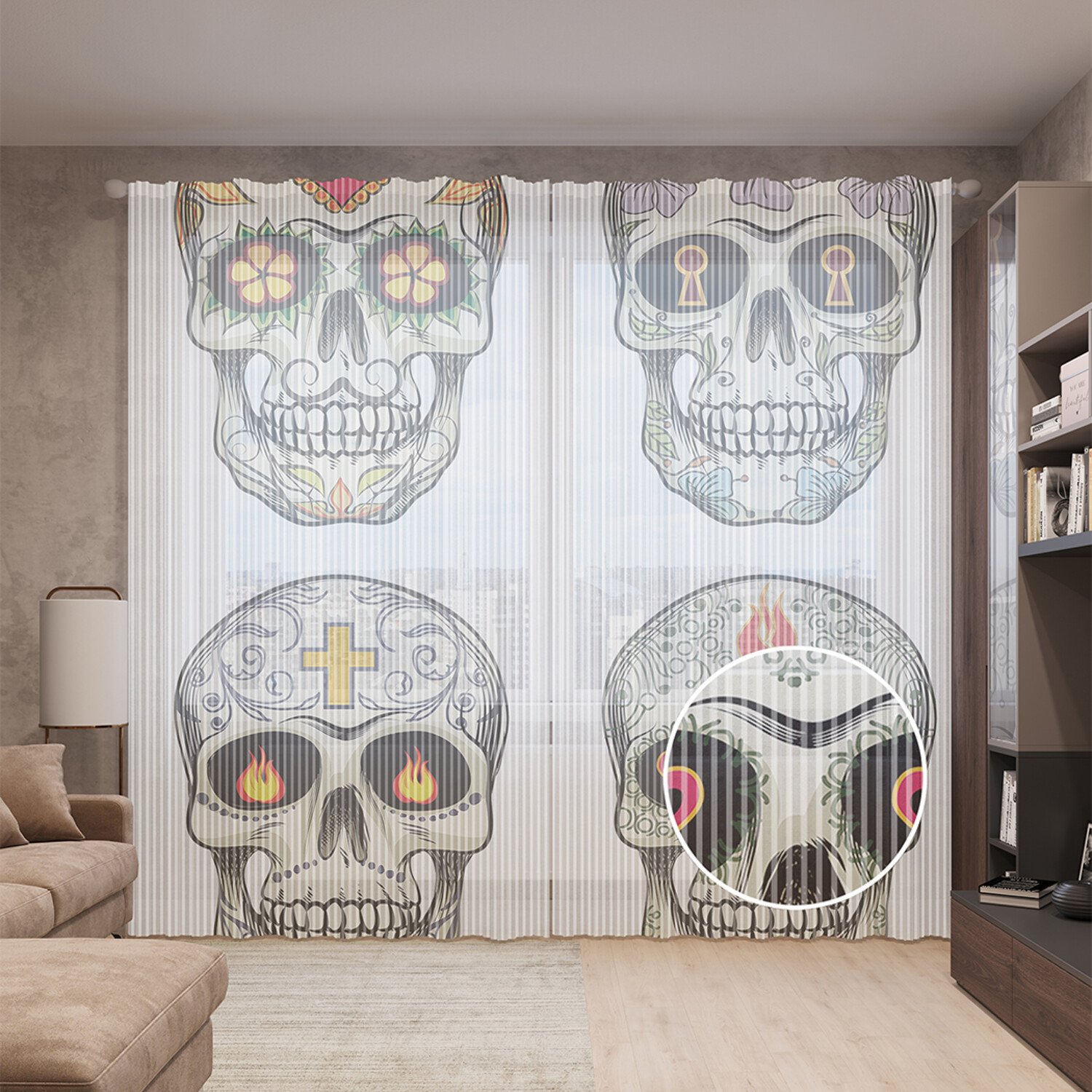 

Тюль вуаль на шторной ленте с принтом JoyArty "Черепа стихий" 310х265 см, Черепа стихий