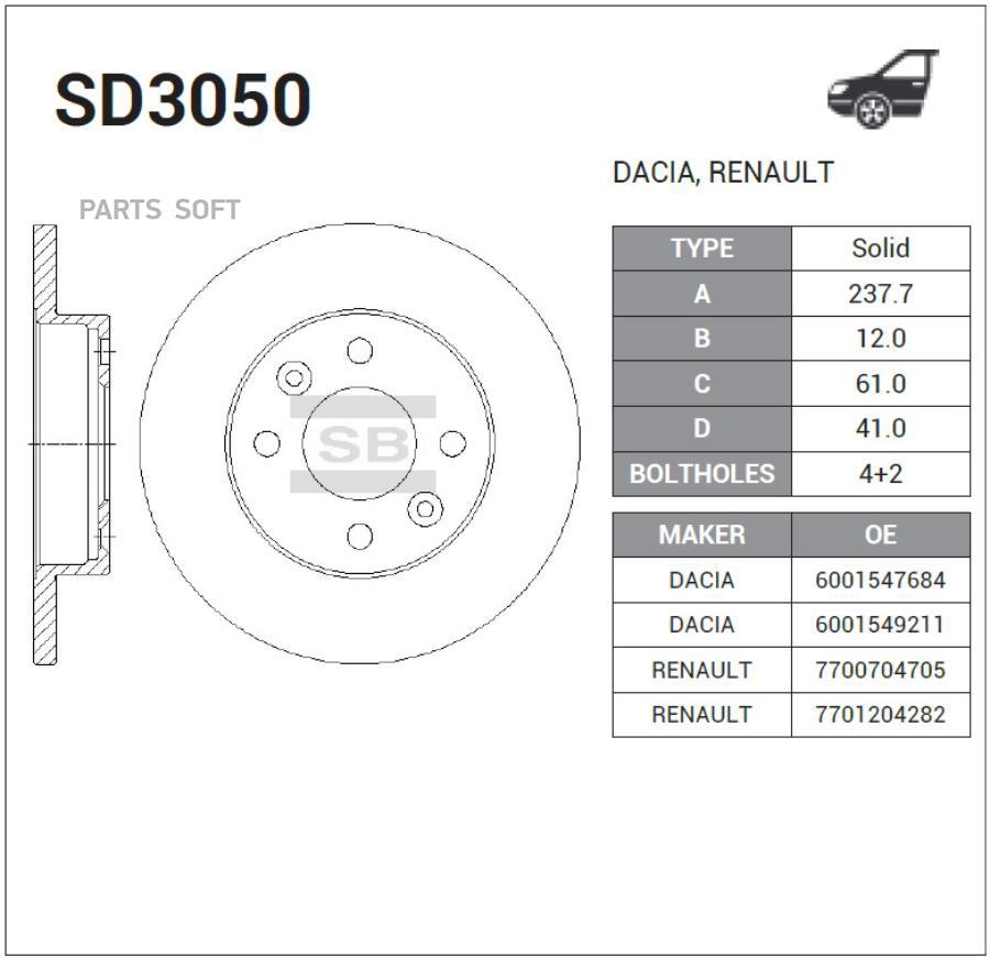 

Тормозной диск Sangsin brake комплект 1 шт. SD3050