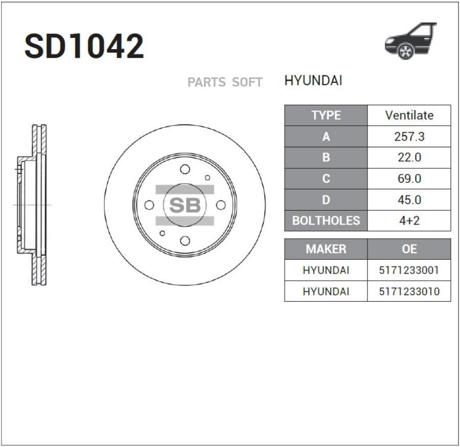 

Тормозной диск Sangsin brake комплект 1 шт. SD1042