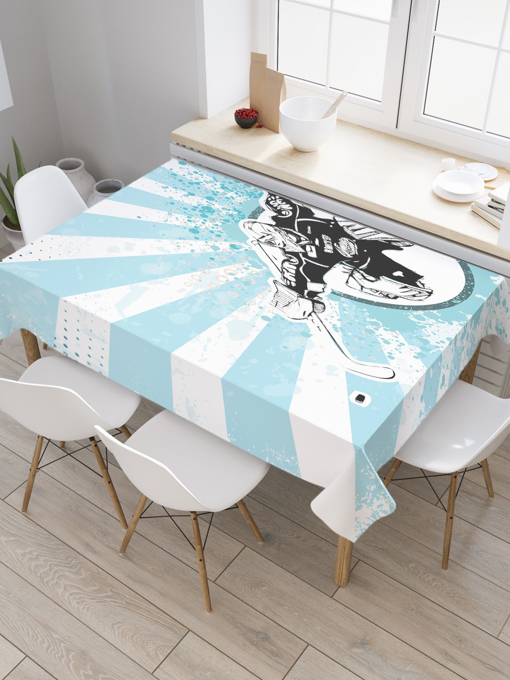 

Скатерть прямоугольная JoyArty на кухонный стол "Выпад вратаря" из оксфорда, 180x145 см, Голубой, Выпад вратаря
