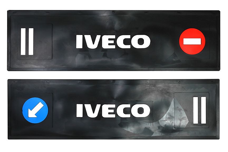 

Комплект брызговиков IVECO длинномер из 2-х частей 1200*350 (черная резина) Белая надпись