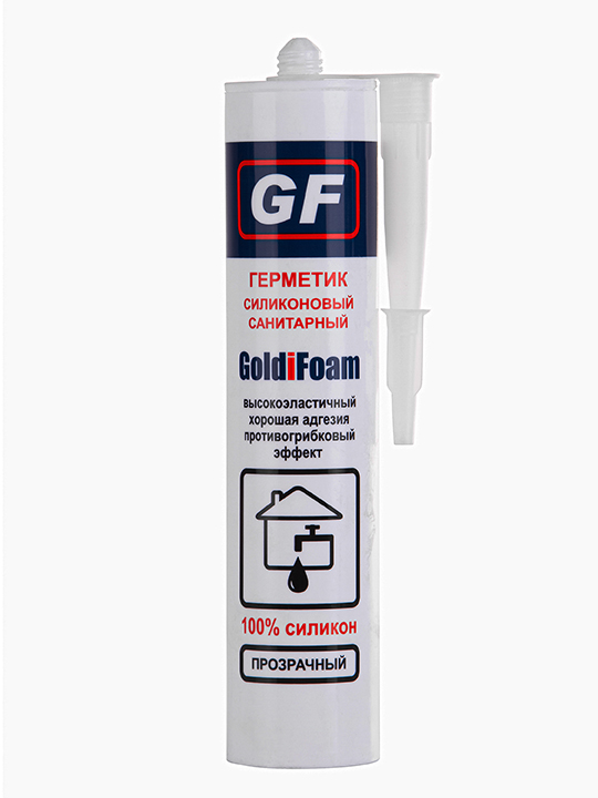 Герметик силиконовый санитарный GoldiFoam, 310 гр., 100% силикон, с фунгицидом, прозрачный санитарный силиконовый герметик bostik