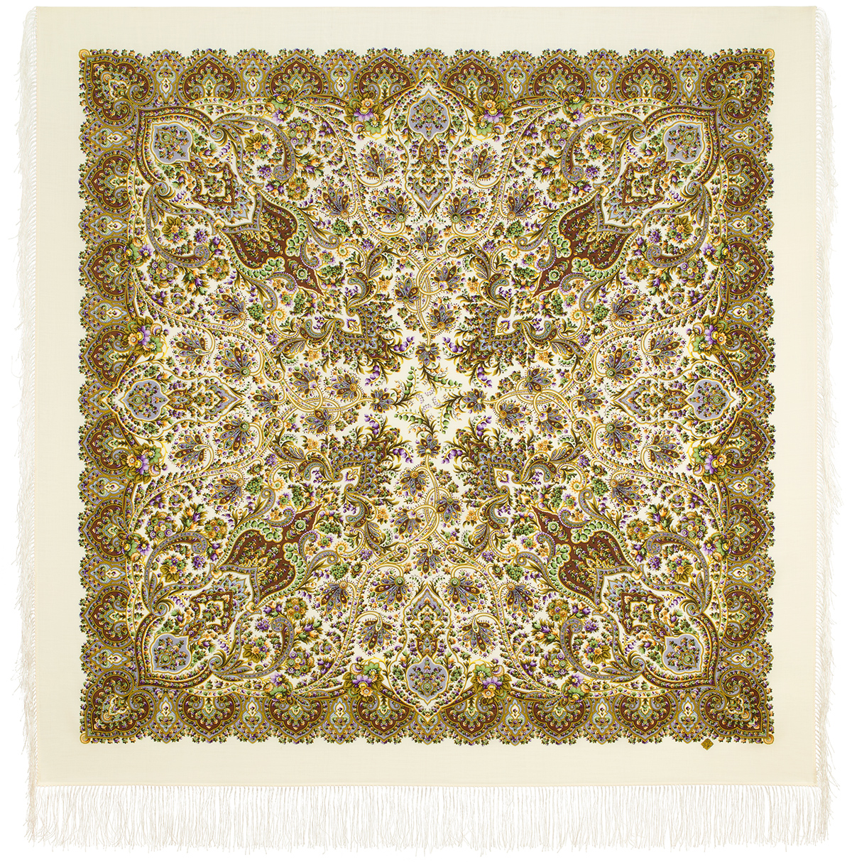 Платок женский Павловопосадский платок 2039 бежевый/коричневый, 146х146 см