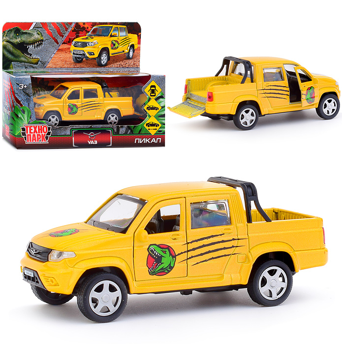 Машина металл УАЗ Пикап Динозавры 12 см, (откр. двери, багаж, желтый) инерц, в коробке