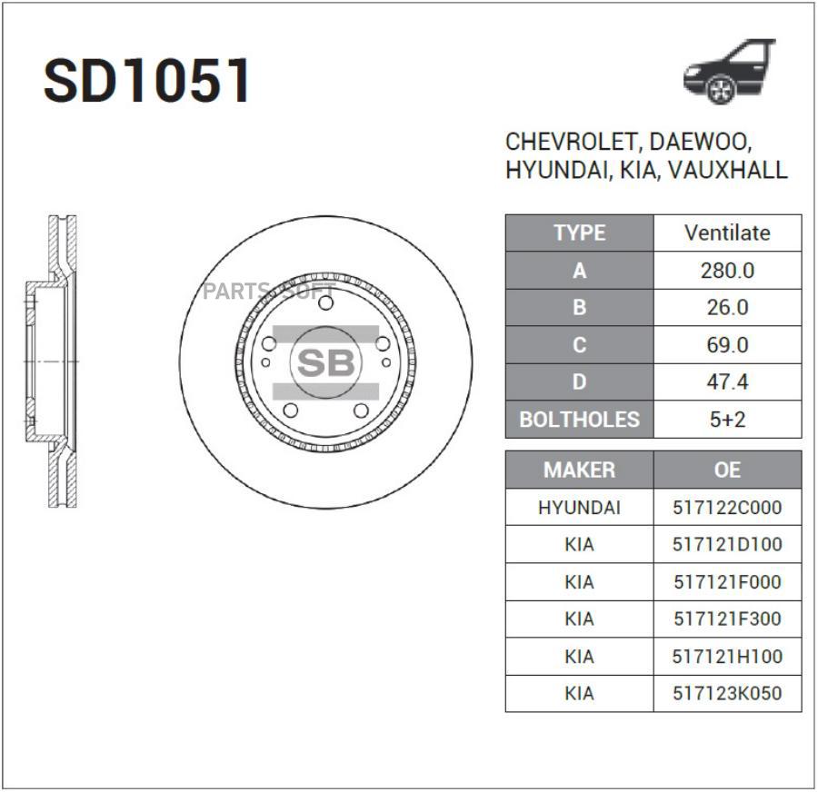 

Тормозной диск Sangsin brake комплект 1 шт. SD1051