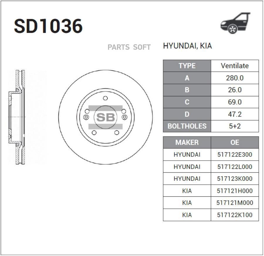 

Тормозной диск Sangsin brake комплект 1 шт. SD1036