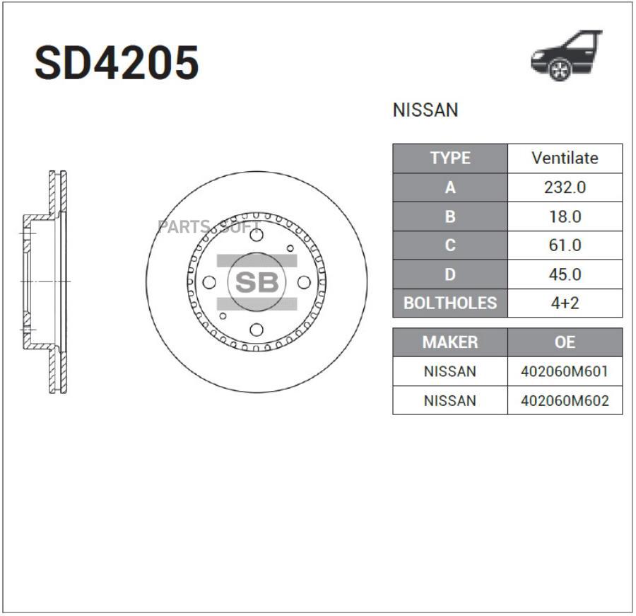 

Тормозной диск Sangsin brake комплект 1 шт. SD4205