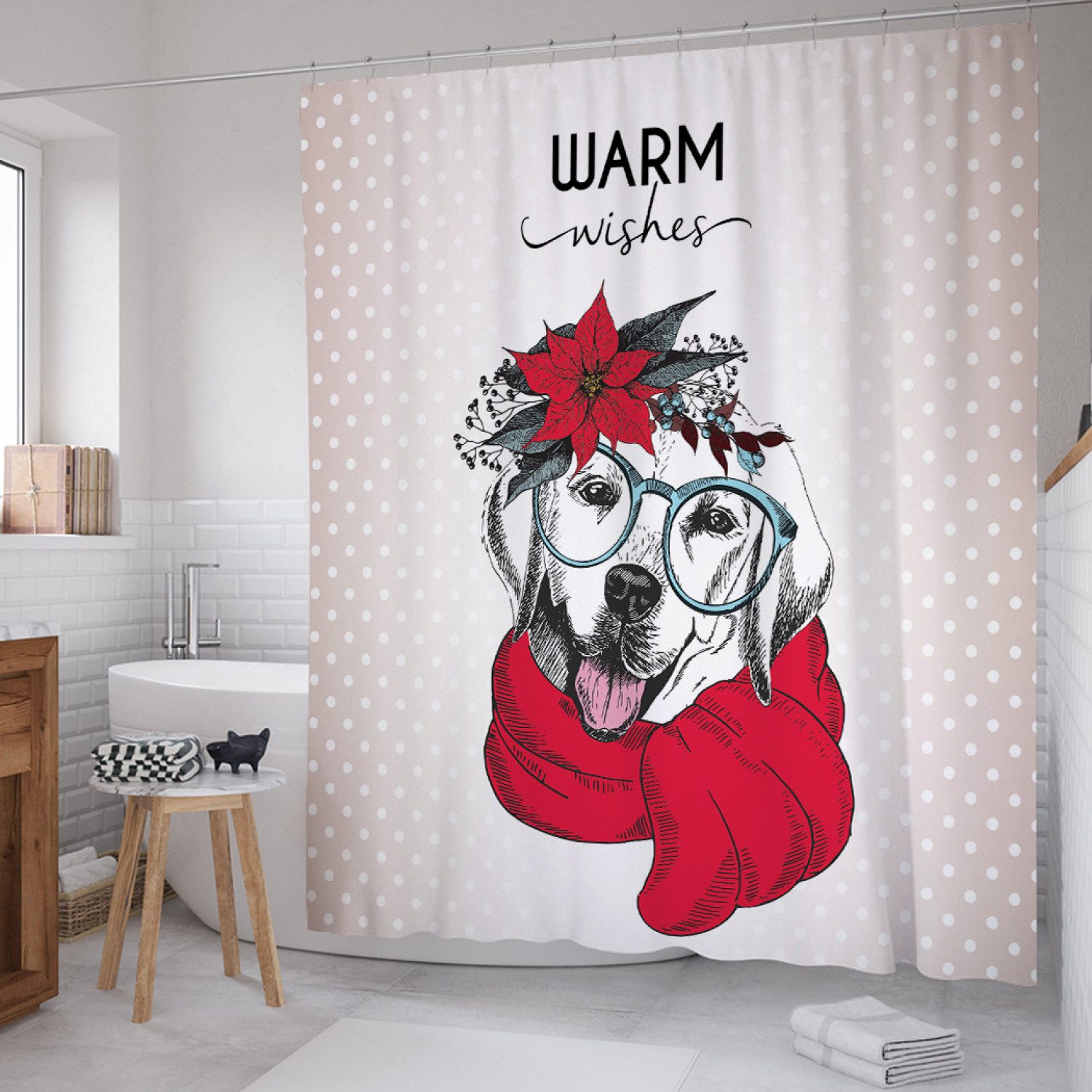 

Штора для ванной JoyArty "С наилучшими пожеланиями" из сатена, 180х200 см с крючками, Бежевый, С наилучшими пожеланиями