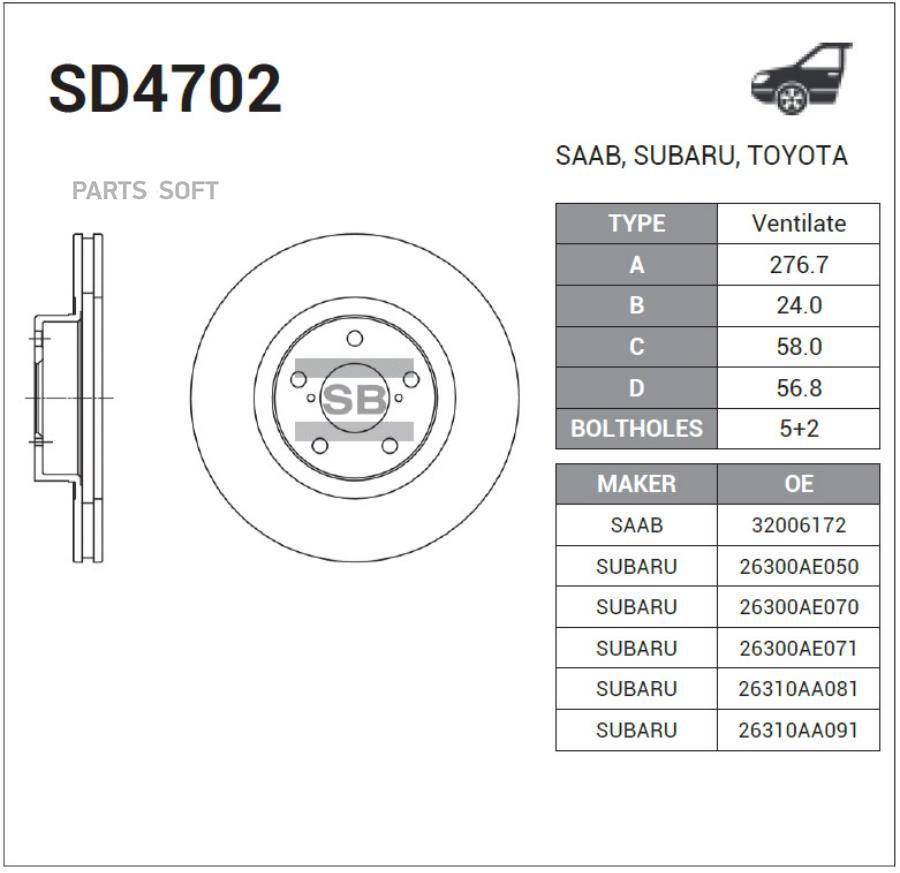 Тормозной диск Sangsin brake комплект 2 шт. SD4702