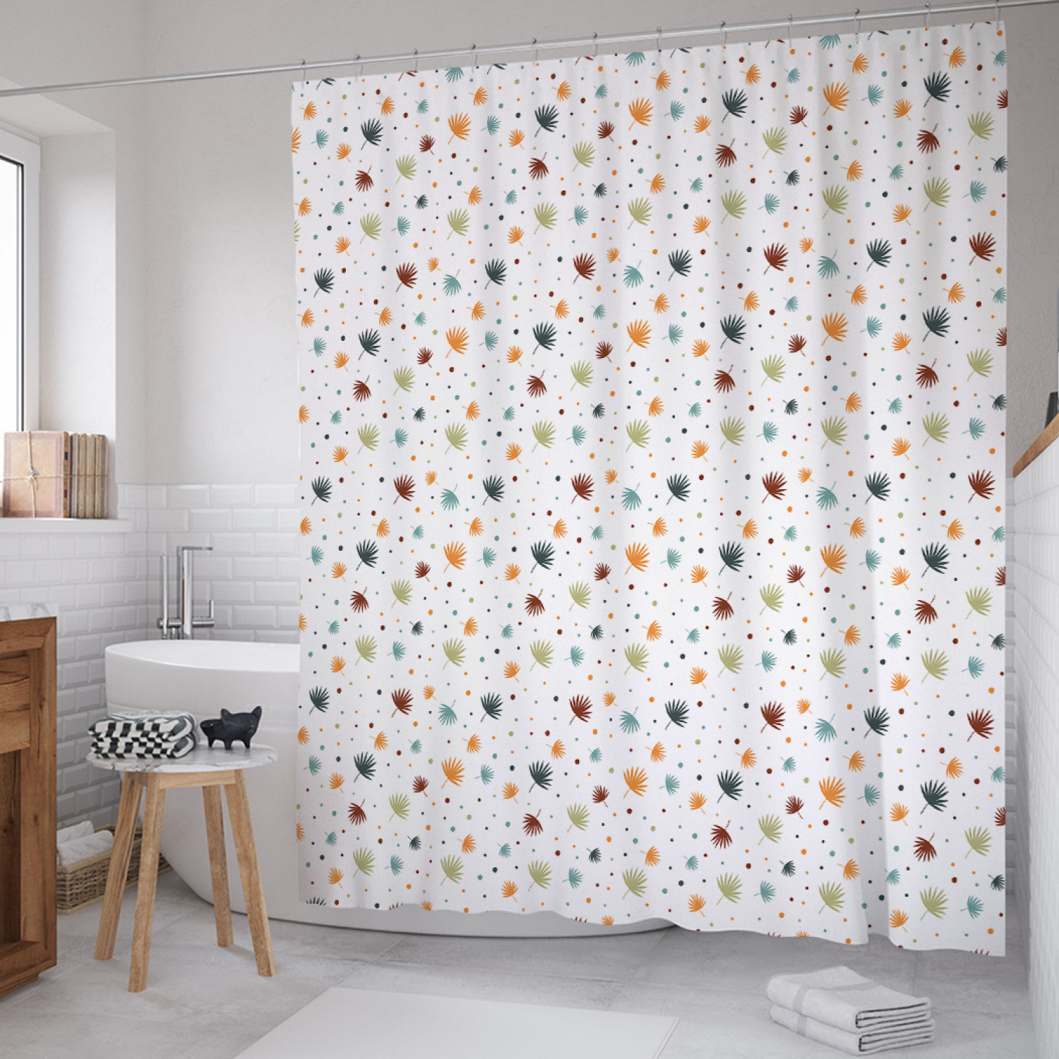 

Штора для ванной JoyArty "Пальмовые листья и горошек" из сатена, 180х200 см с крючками, Белый, Пальмовые листья и горошек