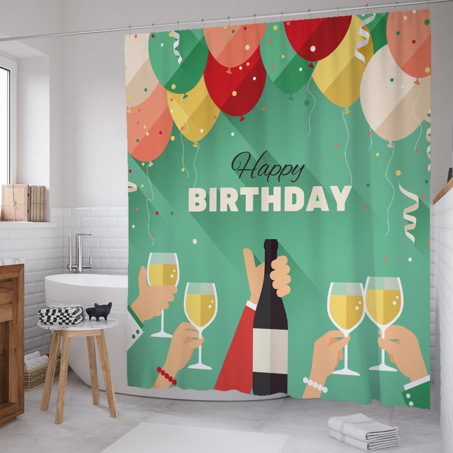 

Штора для ванной JoyArty "Тост за именинника" из сатена, 180х200 см с крючками, Зеленый, Тост за именинника