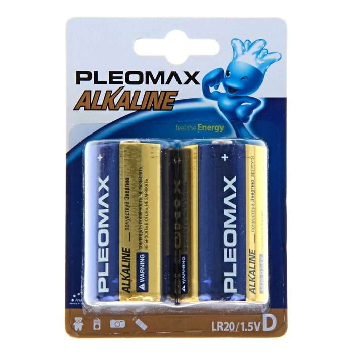 Батарейка алкалиновая Pleomax, D, LR20-2BL, 1.5В, блистер, 2 шт.