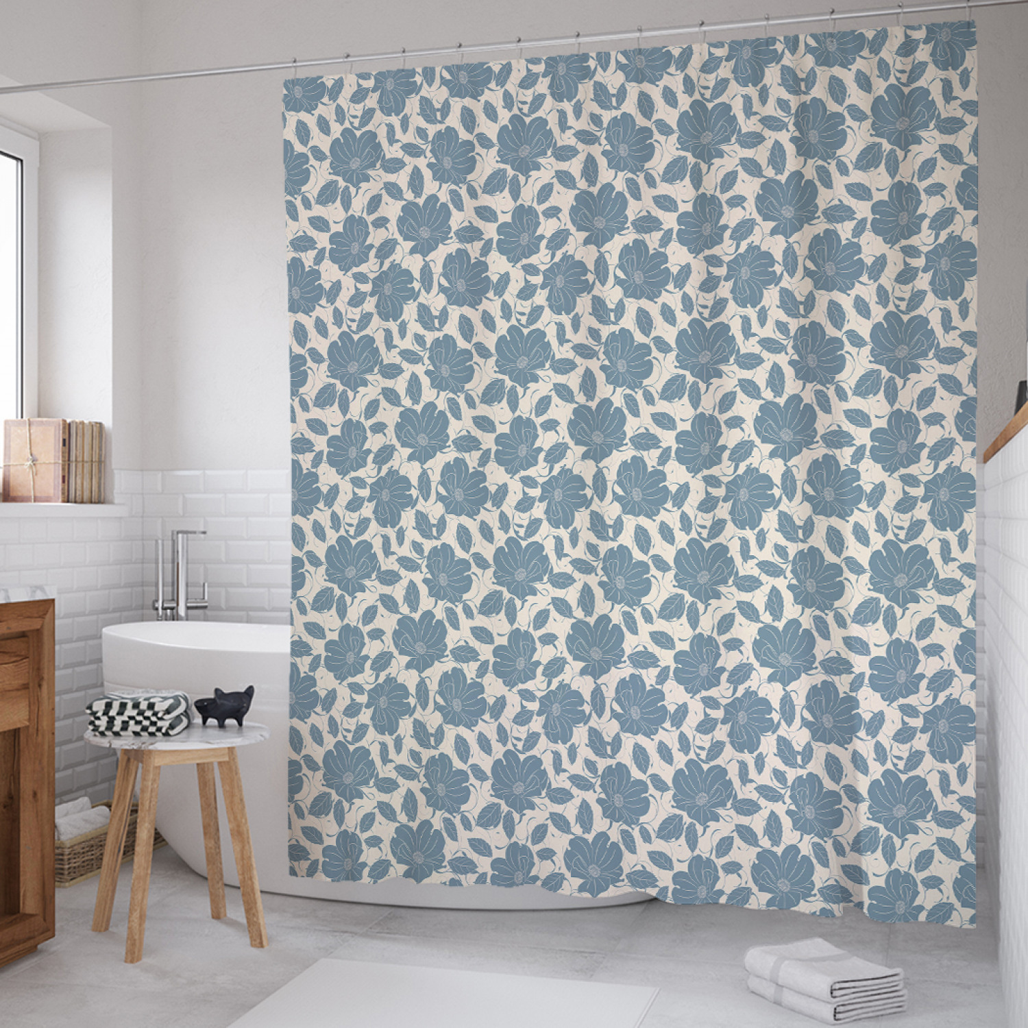 

Штора для ванной JoyArty "Цветочное моно" из сатена, 180х200 см с крючками, Серый, Цветочное моно