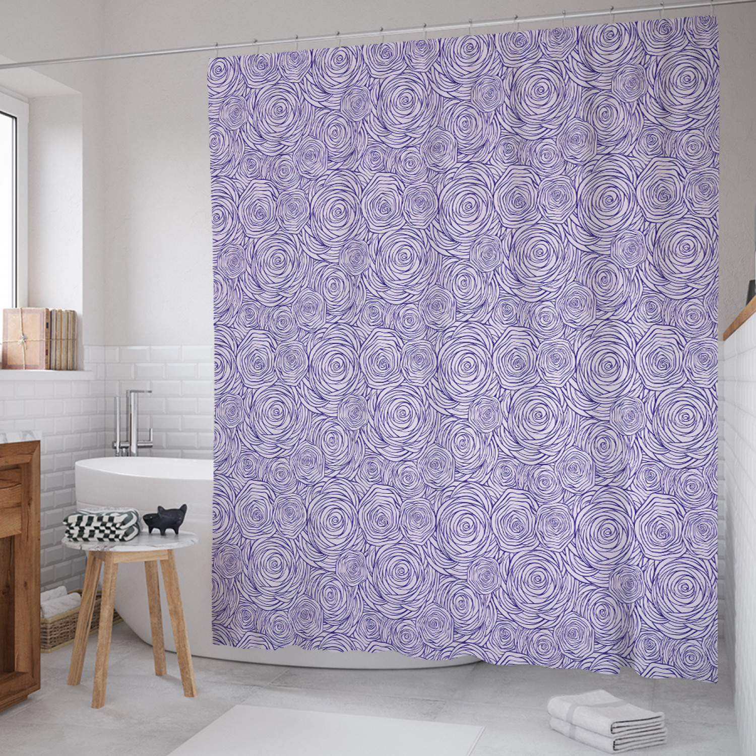 

Штора для ванной JoyArty "Спиральные розы" из сатена, 180х200 см с крючками, Фиолетовый, Спиральные розы