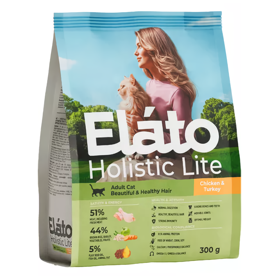 Сухой корм для кошек Elato Holistic Lite, для кожи и шерсти, с курицей и индейкой, 300 г