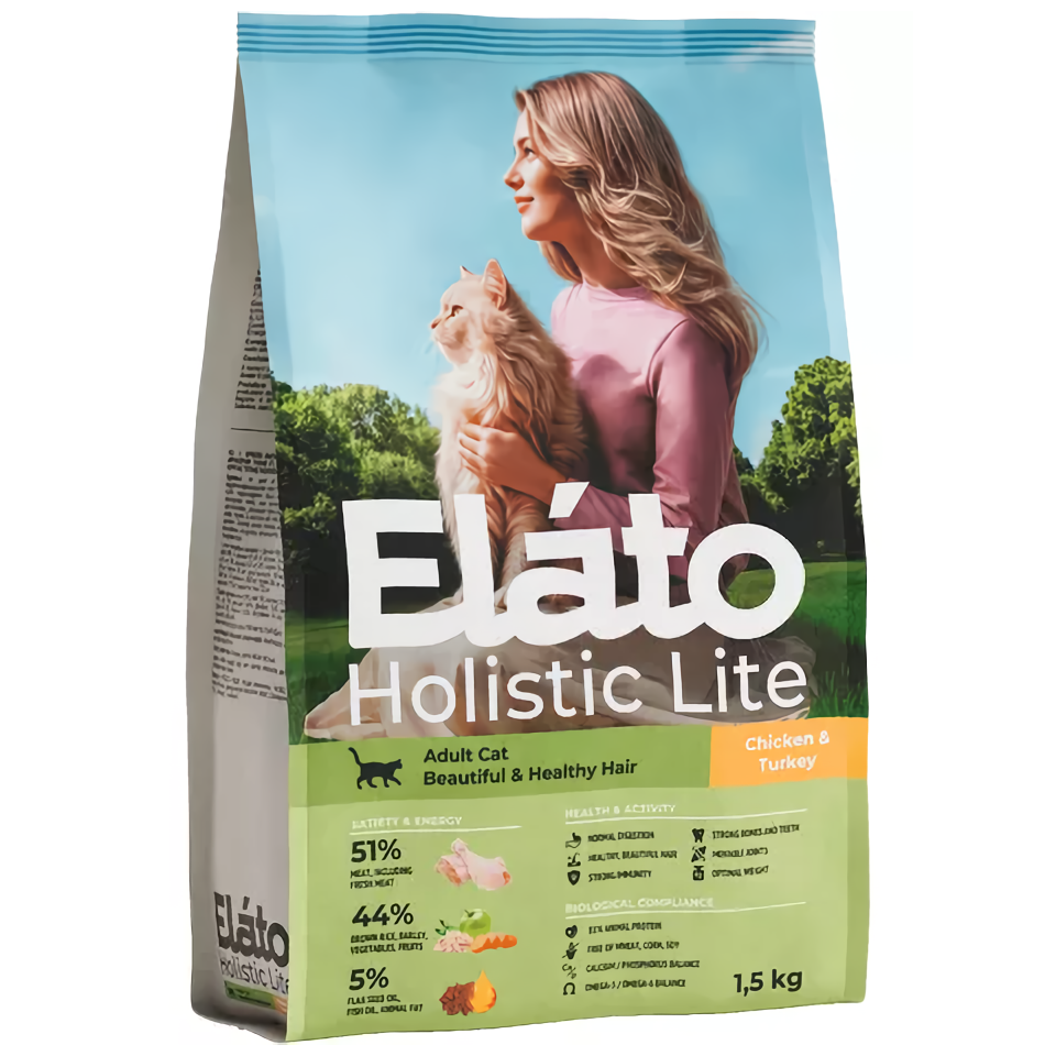 Сухой корм для кошек Elato Holistic Lite, для кожи и шерсти, курица и индейка, 1,5 кг