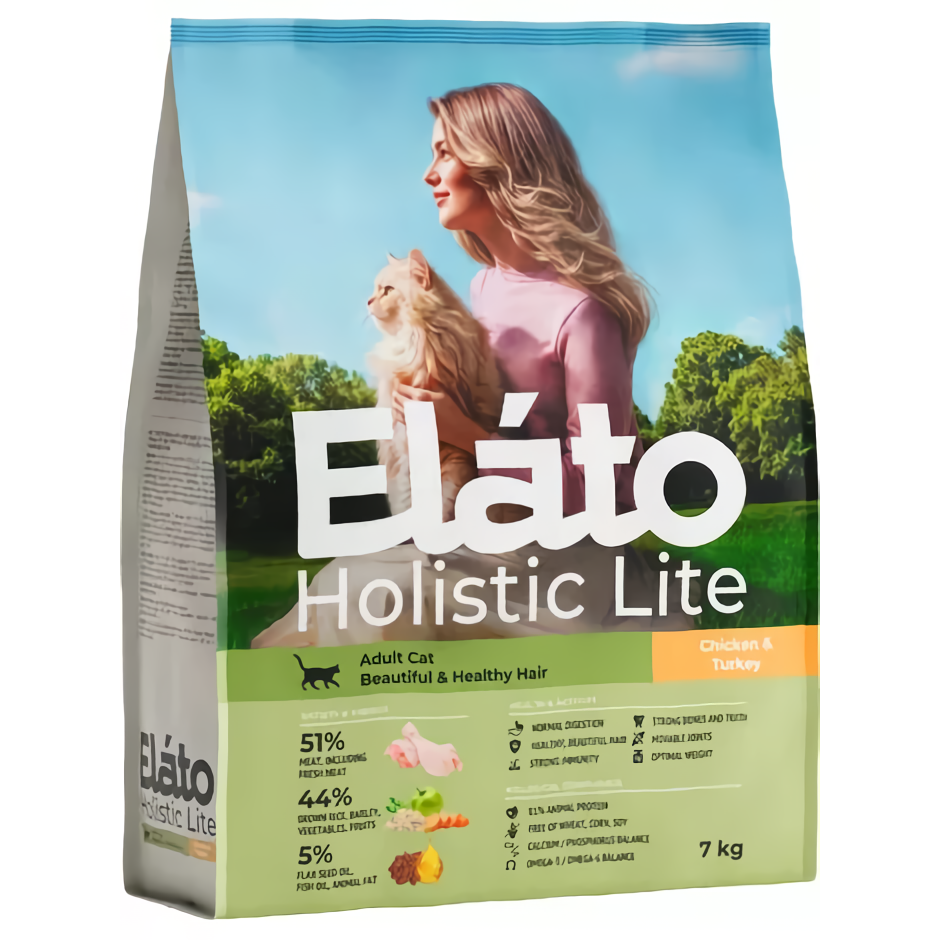 Сухой корм для кошек Elato Holistic Lite, для кожи и шерсти, курица и индейка, 7 кг