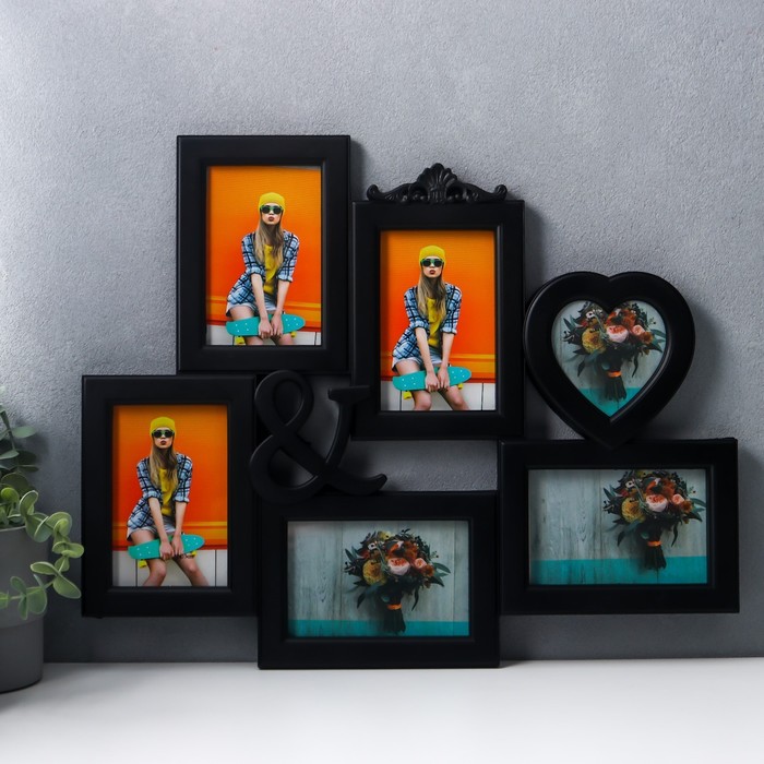 

Фоторамка пластик на 6 фото 9х9, 10х15 см "Вензель" чёрная 41х50 см