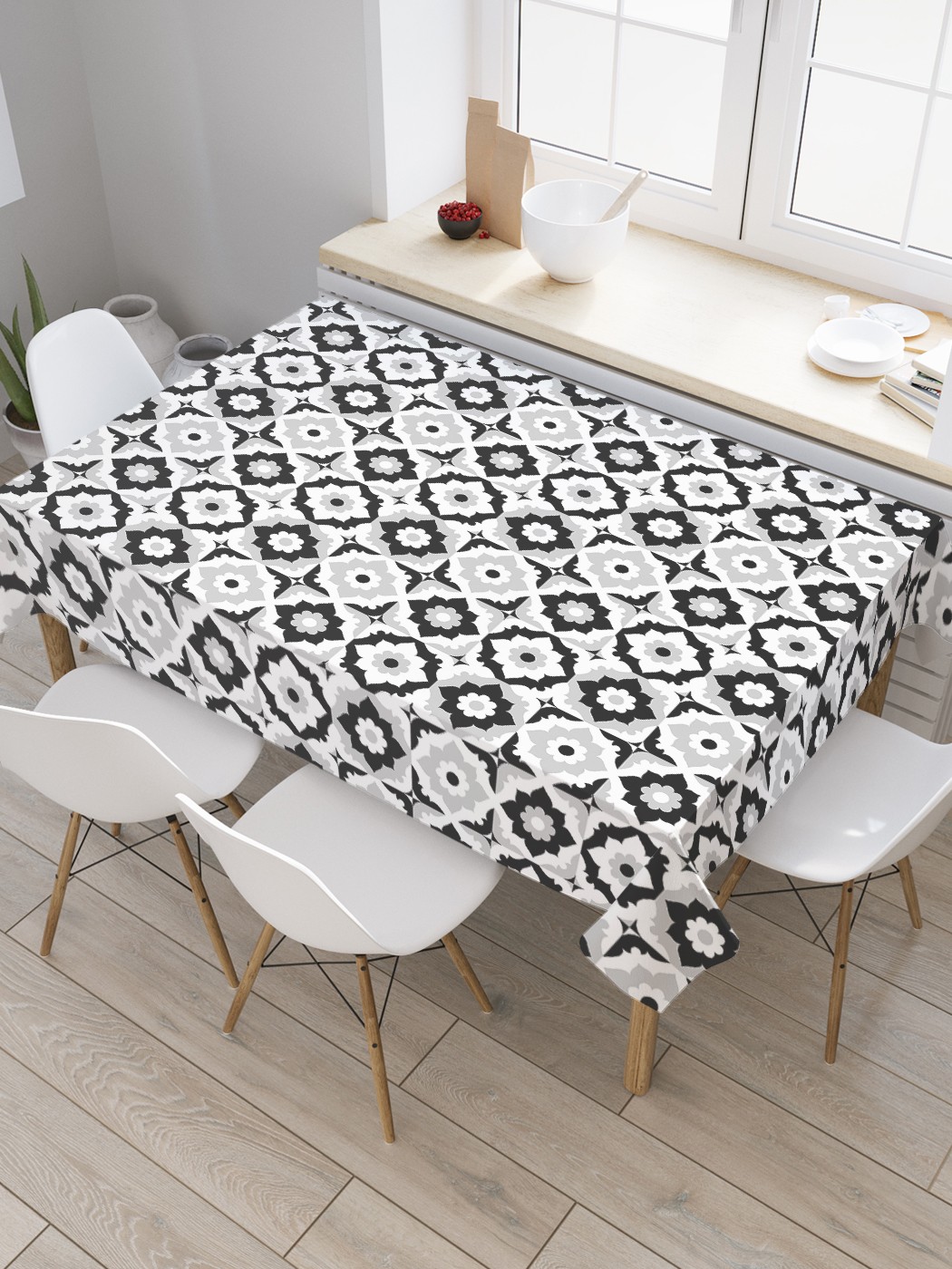 

Скатерть прямоугольная JoyArty "Марокканские цветы" из оксфорда, 180x145 см, Серый, Марокканские цветы