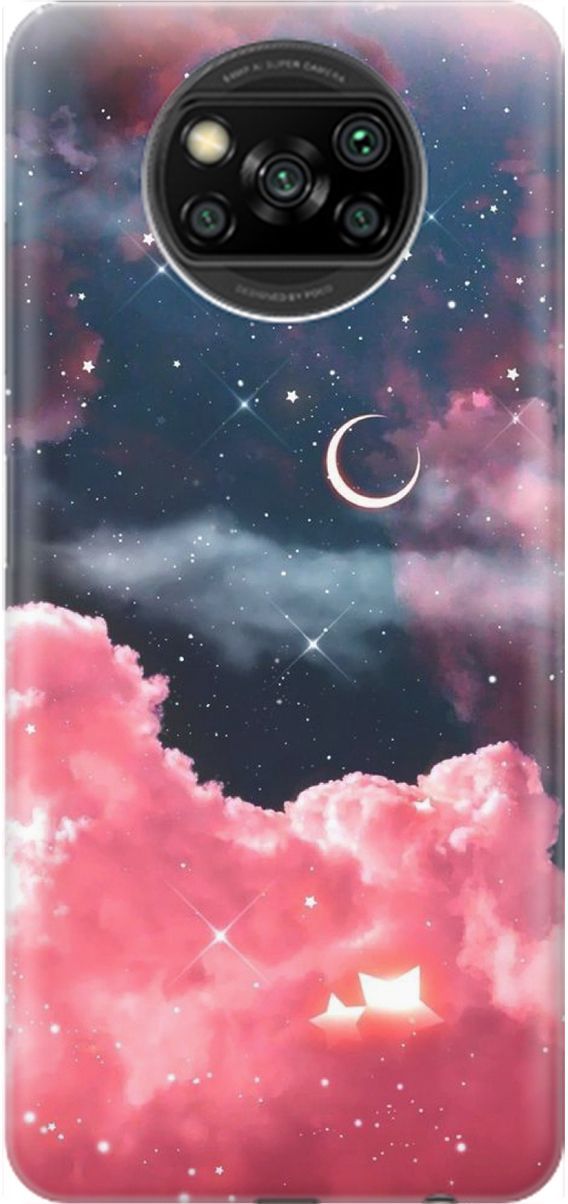 

Чехол на Xiaomi Poco X3 "Месяц и розовые облака", Розовый;синий, 1604