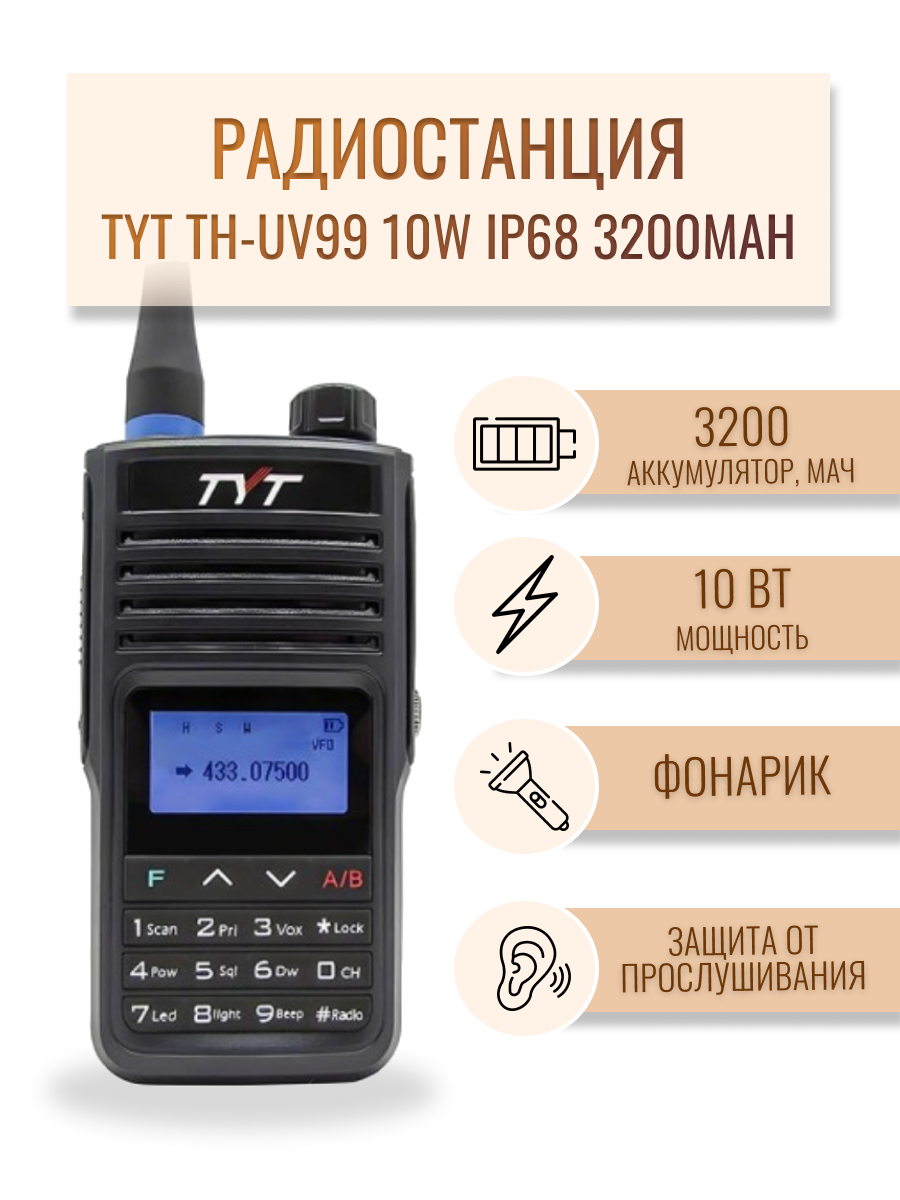 

Радиостанция TYT TH-UV99 10W IP68 Type-C 3200mAh, Черный