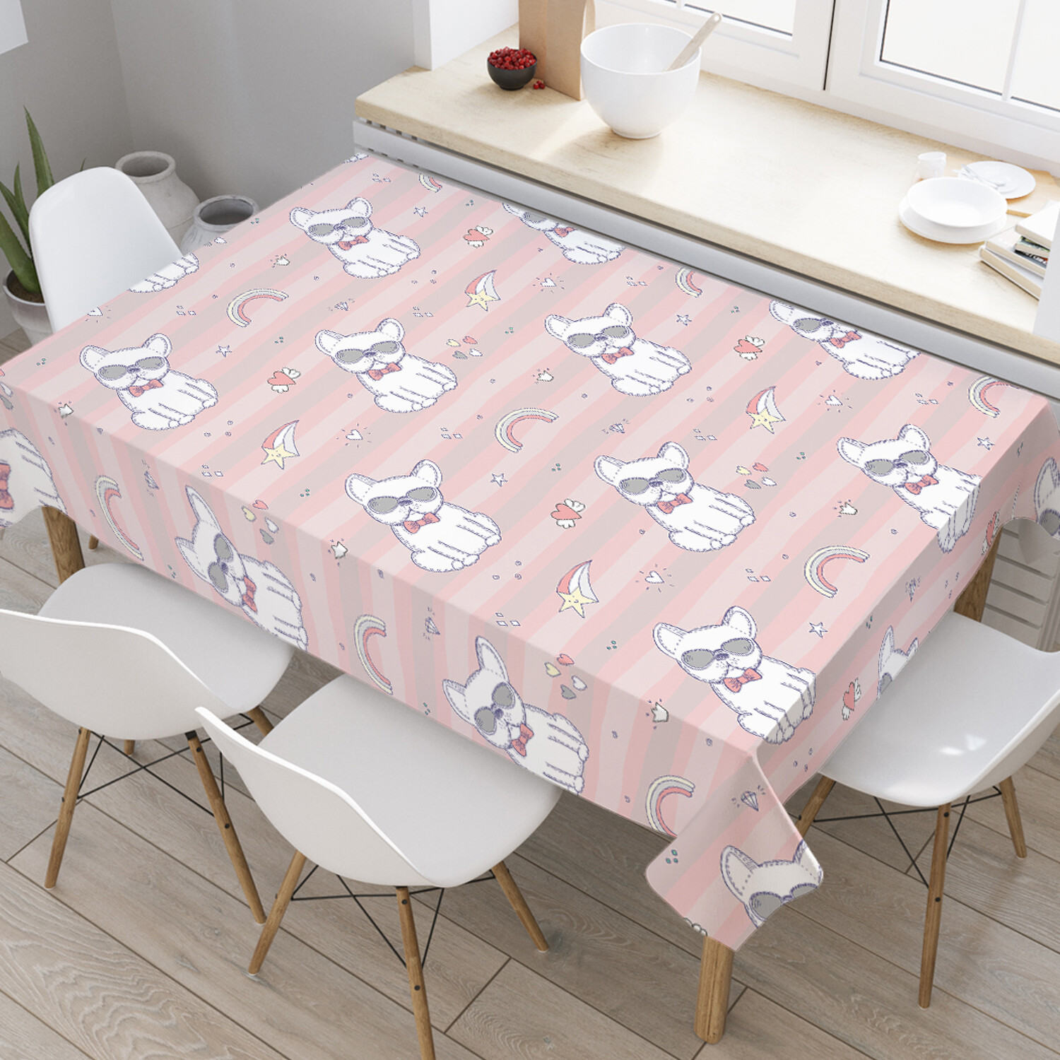 

Прямоугольная скатерть JoyArty Пес с бантиком 120х145, Розовый