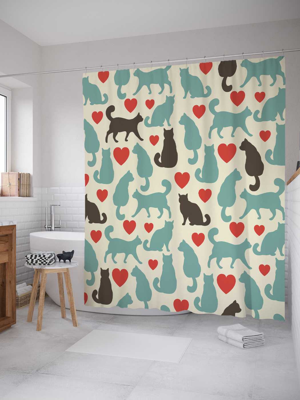 

Штора для ванной JoyArty "Симпатия кошек" из сатена, 180х200 см с крючками, Голубой