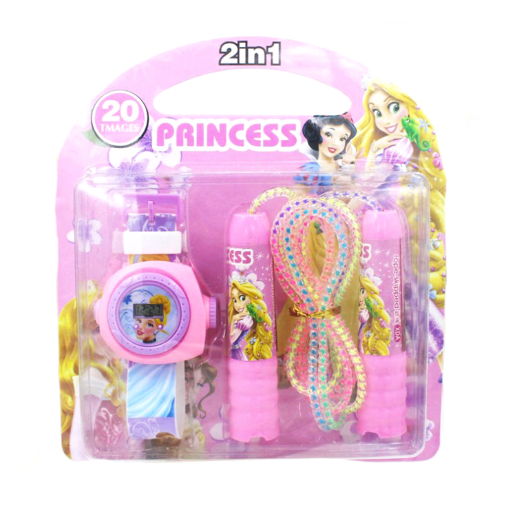 фото Детские наручные часы игрушки принцессы со светодиодным проектором и скакалка