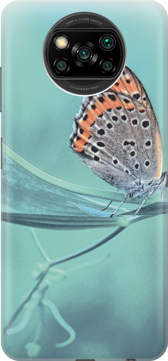 

Силиконовый чехол на Xiaomi Poco X3 "Бабочка на листке", Голубой;оранжевый, 3552