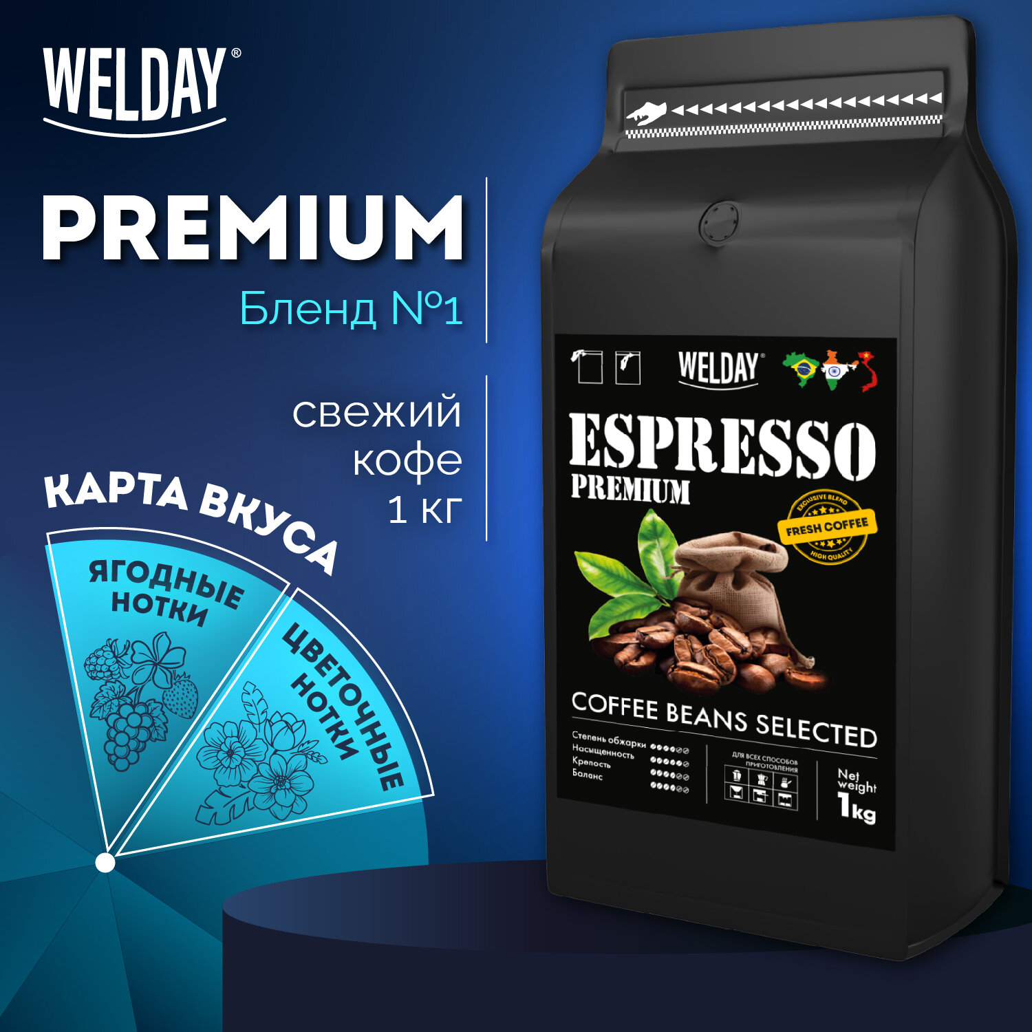 Кофе в зернах WELDAY ESPRESSO Premium ДЭК, 1 кг