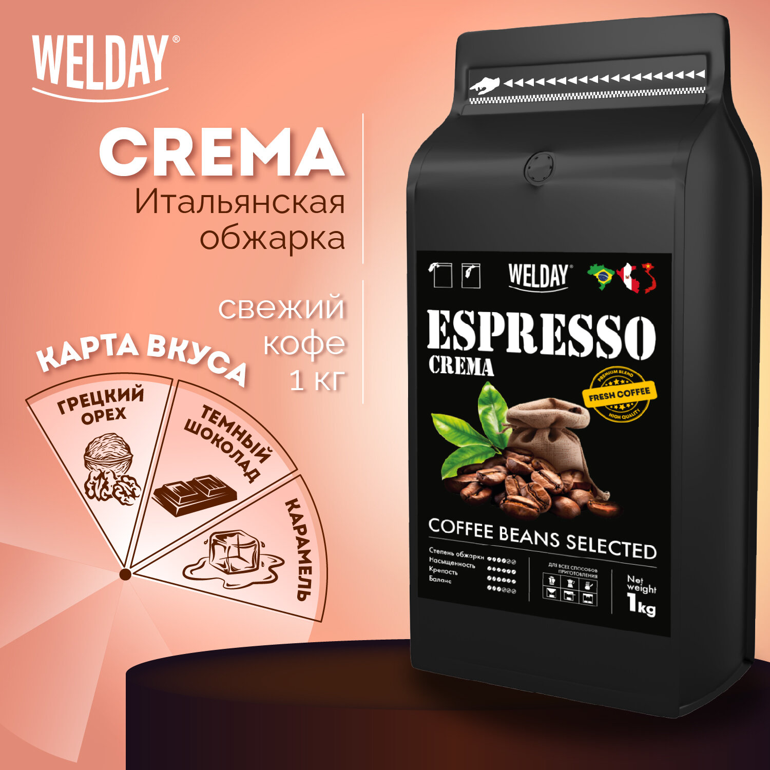 Кофе в зернах WELDAY ДЭК ESPRESSO Crema, 1 кг