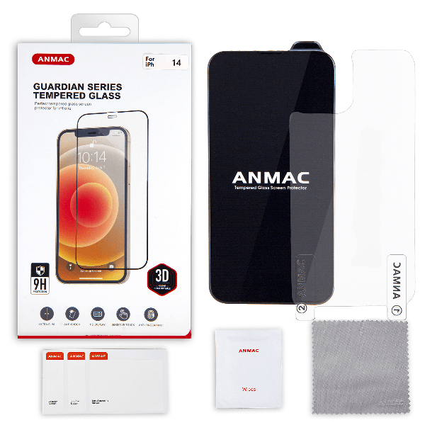 

Защитное стекло Anmac для iPhone 14 + пленка назад 3D, черное, Защитное стекло ANMAC для iPhone 14 + пленка назад 3D, черное