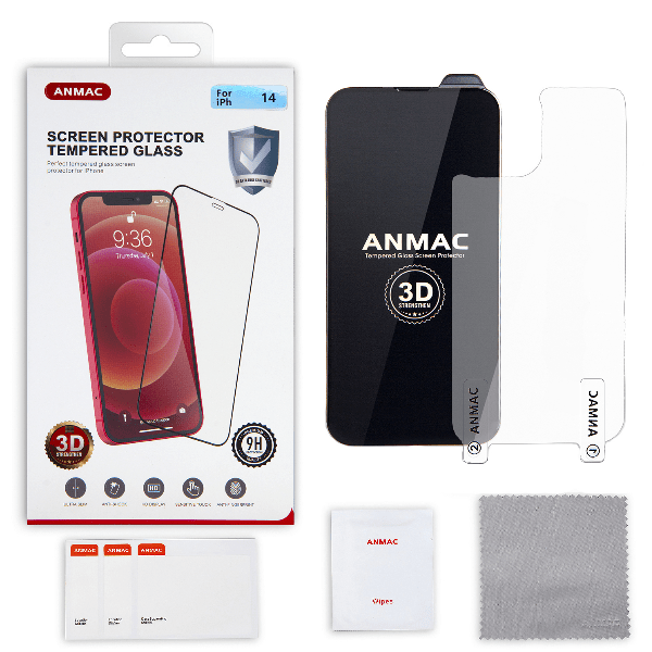 

Защитное стекло Anmac для IPhone 14 3D черное усиленное + пленка назад, Защитное стекло ANMAC для IPhone 14 3D черное усиленное + пленка назад